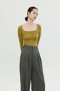 천연 원단 100% 울 의류 심리스 스퀘어넥 탑 여성 긴팔 슬림핏 블라우스 - Product Image 4
