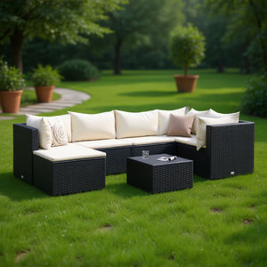 Ensemble de salon de jardin en rotin noir et blanc crème, mobilier de jardin 6 places, sectionnel contemporain avec table basse - Product Image 2