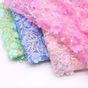 New hot sell 4mm 3D blue color sparkle sequin fashion tulle net mesh embroidery lace flower fabric for wedding dress
