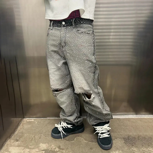 Pantalon en jean coupe droite incrusté de diamants, jeans amples déchirés, jeans baggy personnalisés avec strass - Product Image 1