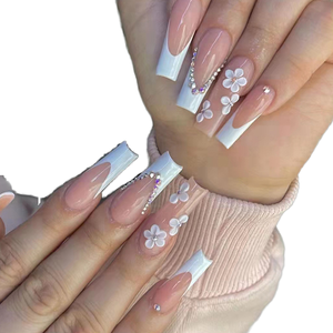 24pcs <span class=keywords><strong>faux</strong></span> ongles en <span class=keywords><strong>plastique</strong></span> avec colle fleur design long cercueil français pour doigt - Product Image 1