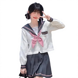 Ensemble uniforme scolaire blanc pour filles avec nœud rose et jupe plissée en polyester tissé, uniforme de lycée pour enfants - Product Image 3