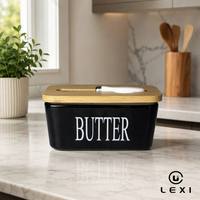 Pot à beurre en céramique noir et blanc avec couvercle en bambou et couteau, boîte de conservation hermétique pour beurre, prêt à poser sur comptoir, ensemble de cuisine