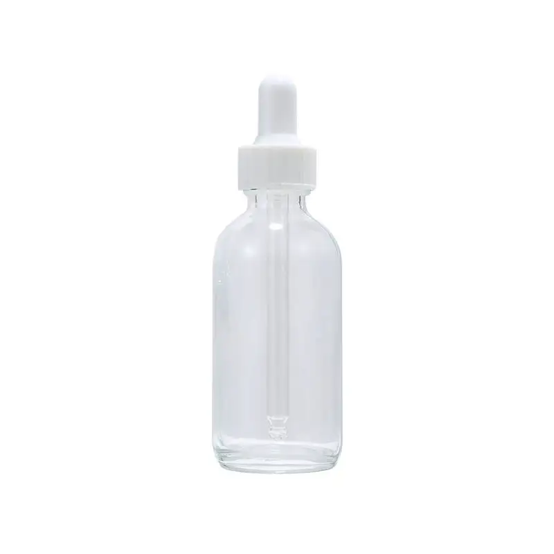 Instock 60ml 2oz flacons compte-gouttes en verre vides clairs pour huile essentielle sérum pour le visage avec tête compte-gouttes en plastique blanc