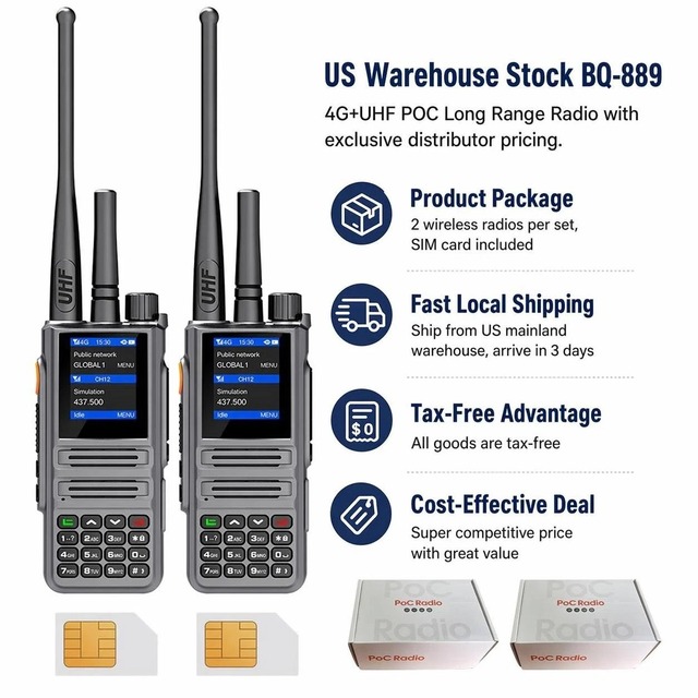 US Warehouse Stock BQ-889 Dual Mode 4G POC Long Range Radio 1 Set of 2 GPS Wireless Walkie Talkies with SIM Card.