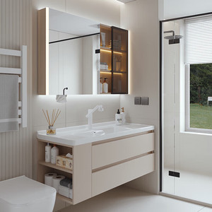 Combinaison d'armoires de salle de bain avec lavabo intégré en céramique, belle armoire de salle de bain en bois massif, armoire de lavabo pour shampoing - Product Image 4