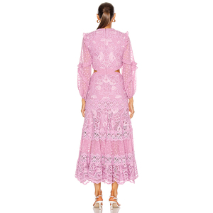 Abito lungo da donna elegante a vita alta con scollo a vita alta a <span class=keywords><strong>maniche</strong></span> <span class=keywords><strong>lunghe</strong></span> in pizzo rosa arricciato a <span class=keywords><strong>maniche</strong></span> <span class=keywords><strong>lunghe</strong></span> - Product Image 4