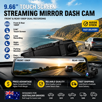 Caméra de tableau de bord avec écran tactile de 9,66 pouces, streaming multimédia, double caméra avant et arrière, DVR de voiture, moniteur de stationnement, capteur G, enregistrement en boucle