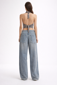 SHENGFU Jeans Baggy de Tiro Bajo Personalizados OEM para Mujer, Pantalones Vaqueros de Pierna Ancha con Tachuelas de Strass, Estilo Urbano, Diseño Holgado, Pantalones Largos - Product Image 2