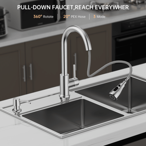 Robinet de cuisine moderne Apaso finition or rose, monocommande avec douchette extractible, 1 trou, montage sur plan avec distributeur de savon - Product Image 5