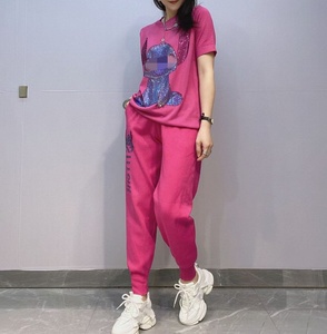 Rhinestone phim hoạt hình phụ nữ ngắn tay áo t Áo sơ mi và quần Bộ hai mảnh phụ nữ thời trang bộ oc1013 - Product Image 4