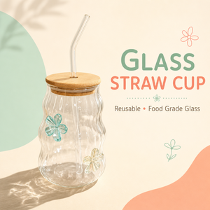 Coupe en verre ondulé soufflé à <span class=keywords><strong>la</strong></span> main avec couvercle en paille et bambou, verre à boisson personnalisé avec logo, bol en verre - Product Image 4