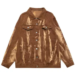 2024 남자의 느슨한 데님 재킷 복고풍 다크 브라운 낙서 코트 싱글 브레스트 남성 셔츠 탑 힙합 패션 스트리트웨어