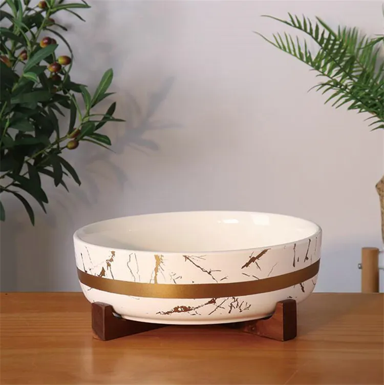 Popular design royal style marble ceramic 10.5 inch large salad serving bowls with wooden stand