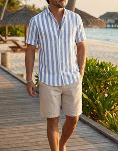 Chemise habillée décontractée pour homme, élégante, à manches courtes, boutonnée, perlée, rayée, 100 % polyester, chemise de plage - Product Image 3