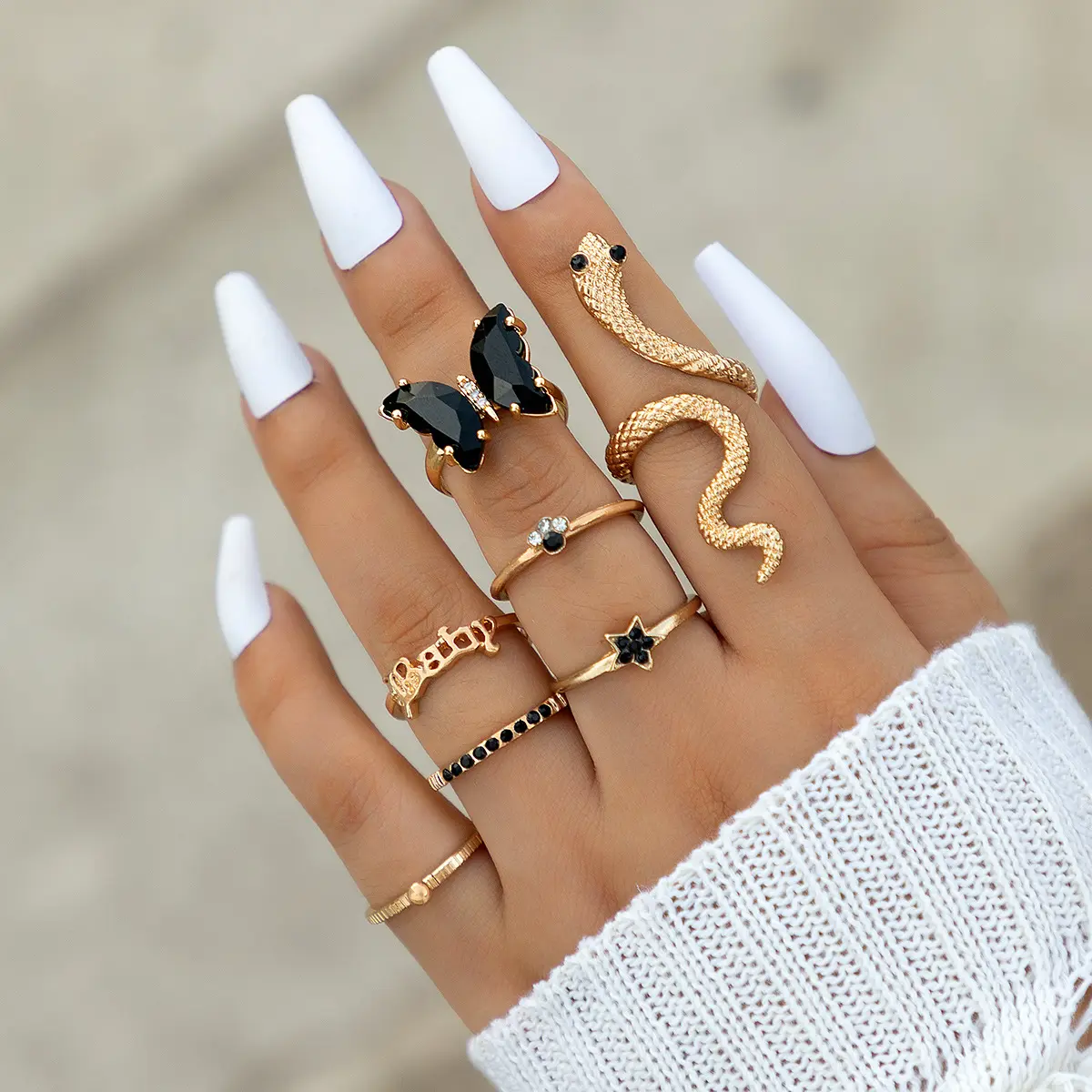 Europe et Amérique Cross Border New Butterfly Letter Diamond Jewel Ring Set Geometric Snake Star Seven Piece Ring Set