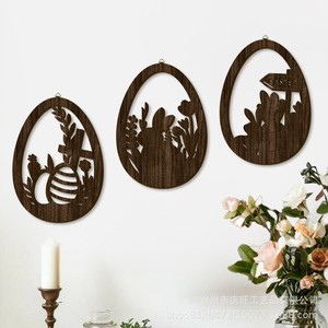 <b>Easter</b> Bunny Egg Wooden Wall Decor Oval Hollow-out Hanging <b>Ornament</b> Home Decoration Bronze Color Foliage Pattern - Product Image 3