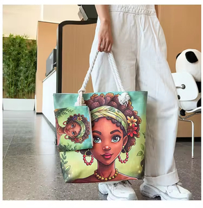 Bolsas de Hombro de Lona de Algodón para Mujer, con Estampado Africano de <span class=keywords><strong>Chica</strong></span>, Personalizadas al por Mayor, Lindas y Artísticas, de Gran Capacidad, Lisas, con Asas de Cuerda - Product Image 3
