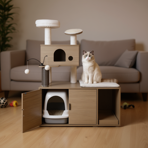 Arbre à chat moderne 2-en-1 avec enclos pour litière, griffoir pour chat d'intérieur, gris, 4 niveaux, en bois - Product Image 2