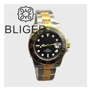BLIGER 40mm GMT <span class=keywords><strong>Montre</strong></span> pour Hommes NH34 DG3804 Mouvement Deux Tons Or Jubilé Acier <span class=keywords><strong>Bracelet</strong></span> Boîtier Verre Saphir Cadran Noir Lumineux - Product Image 2