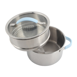 Juego de Ollas Vaporeras de Acero Inoxidable con Tapa de Vidrio, Asas de Silicona Resistentes al Calor, Color Azul Claro, Vaporera Multicapa para Cocinar Alimentos - Product Image 4