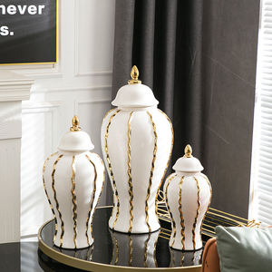 Pot en céramique à motif gingembre avec bande dorée et couvercle, vase à fleurs en céramique pour hôtel, vases en céramique et en porcelaine pour la décoration de mariage et de la maison - Product Image 3
