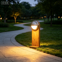 Lampu Taman Tiang Kayu Vintage Tegangan Listrik, Kap Lampu Logam Setengah Lingkaran, Tahan Air, Lampu Bollard LED untuk Halaman dan Jalan Luar Ruangan