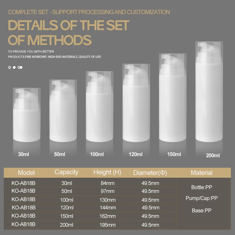 Bouteille de tube de dentifrice sans air transparent 30ml 50ml 100 ml 120ml 150ml 200 ml 250ml bouteille à vide sans air bouteilles de pompe de crème de lotion