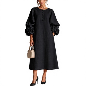 Robe midi élégante en lin pour femme, col rond, manches bouffantes, boutonnée, coupe trapèze, couleur unie, imprimé sublimation sur le devant, manches longues, mi-mollet - Product Image 1