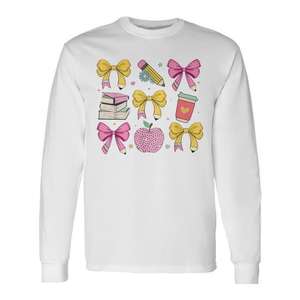 Camiseta de manga larga con estampado de la marca Apple Coquette Bow Books, unisex, para niños, con cuello redondo, impresión digital, para el regreso a clases - Product Image 1