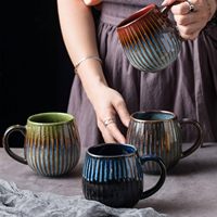 Mug en céramique à glaçure réactive grande capacité 500 ml, tasse à café ventrue à rayures verticales personnalisées, mug à thé en grès – Vente en gros