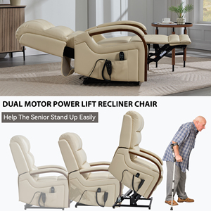 <span class=keywords><strong>Fauteuil</strong></span> inclinable élévateur en cuir beige Power Position infinie à double moteur jusqu'à 350 LBS avec accoudoirs en bois massif - Product Image 4