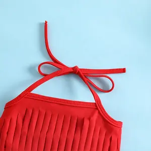 Costume da bagno estivo con stampa fragola bambina con bretella rossa con nappine 3 pezzi costume da bagno Hot Spring ragazze mare costume da bagno