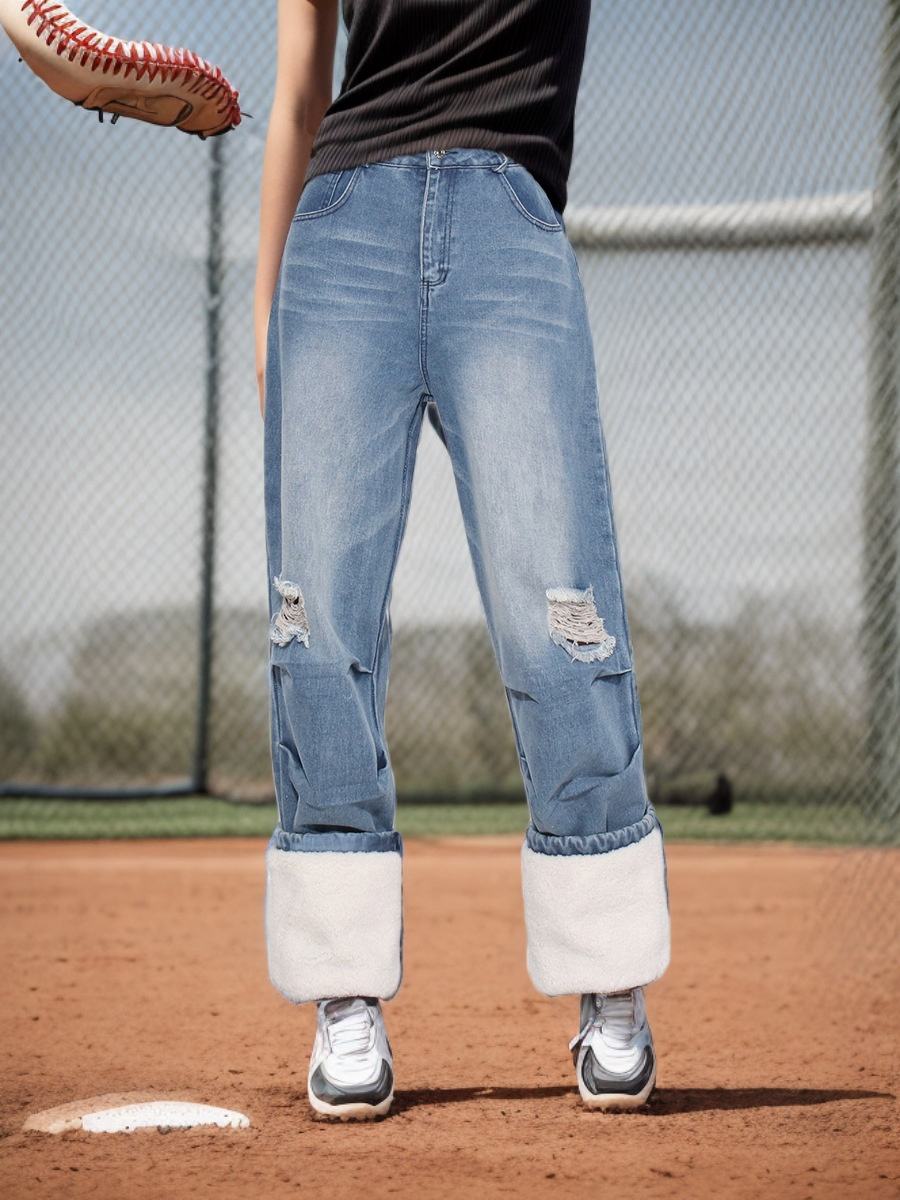 Straight Jeans Cuffed Jeans With Tennis Shoes OUDINA Korean
