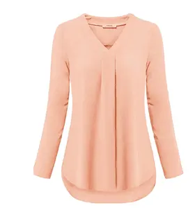 2024 camisa de chifón de verano para mujer Blusa de manga completa/media manga con cuello en V Tops finos moda Casual Color sólido blusas camisas