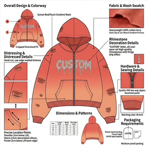 Distressed Zip up Hoodie High Street Vintage Fashion Cotton Custom Screen Printing Oversize Acid Wash Hoodie Rhinestones Logo - Product Image 2
