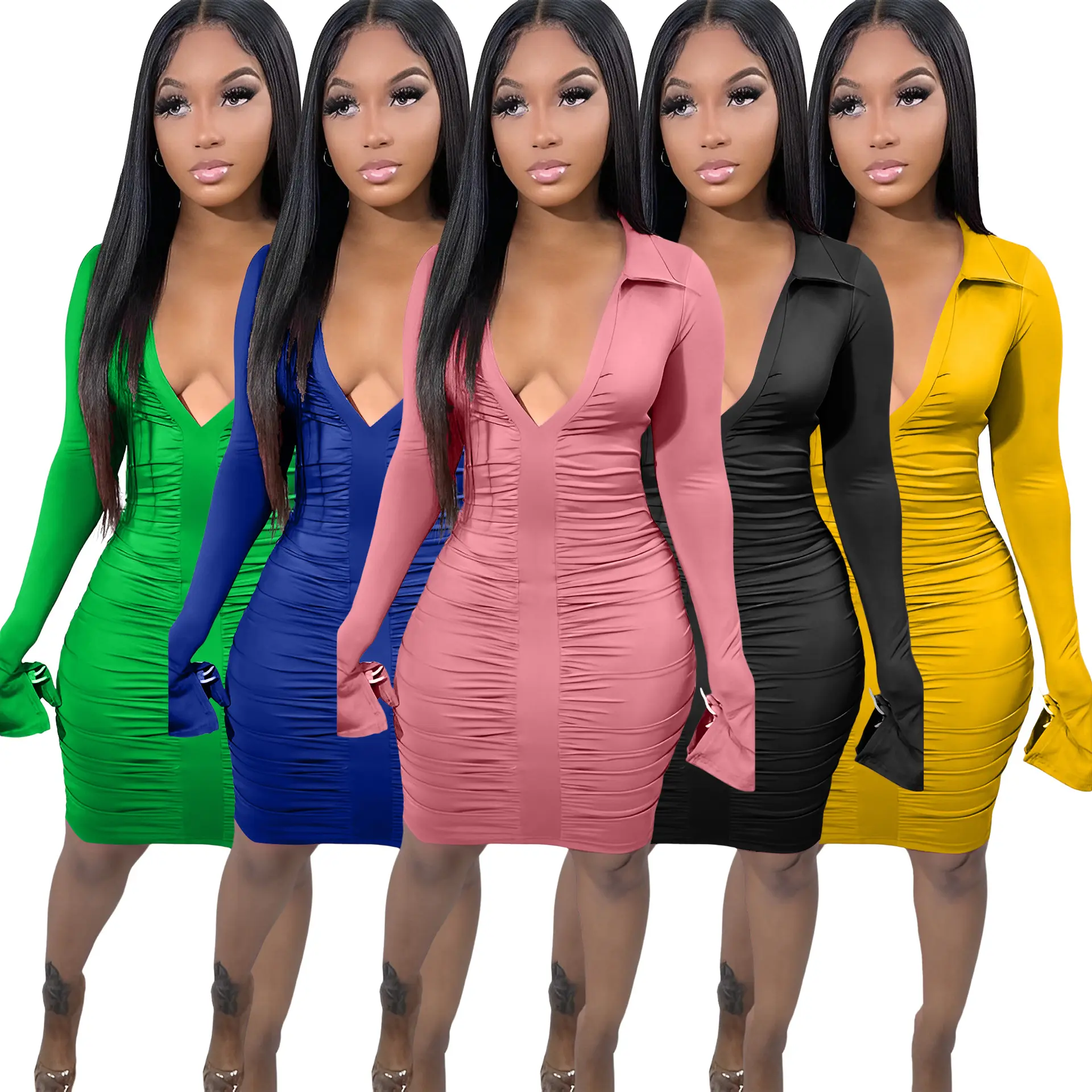 Sharee Sexy Women Clothing Long Sleeve Vneck Pleated Midi Dress Street Bodycon Dress