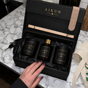 Aikun <b>Black</b> Glass Woody Fragrance Single Wick Scented Candle <b>Reed</b> <b>Diffuser</b> Set with Oud Cedar Gift Box Custom Label Direct OEM - Product Image 2