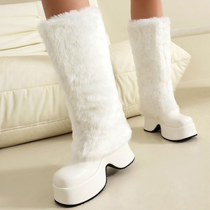 Women High Wedge Heels Plush Fur <b>Long</b> Booties on Fluffy Knee High Boots Winter Thick Furry Snow Shoes - Product Image 4