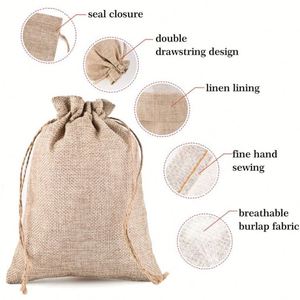 Sacs cadeaux personnalisés en toile de jute avec cordon de serrage 9x12cm, pochettes durables en lin naturel pour Noël, mariage, bonbons, jouets, emballage - Product Image 4