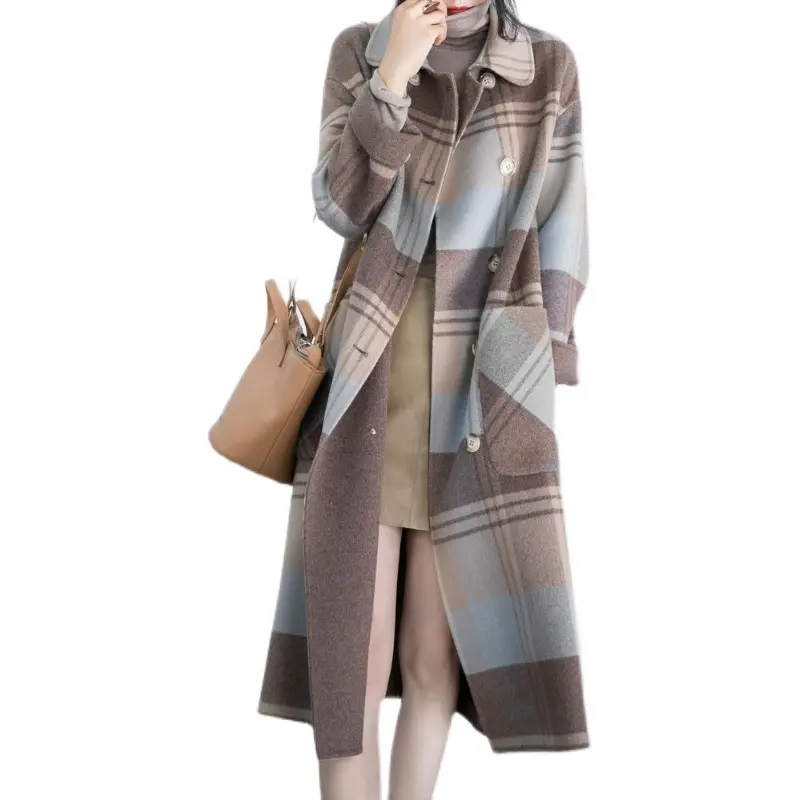 Зимняя Женская модная клетчатая твидовая куртка средней длины двубортная Длинная шерстяная куртка для женщин