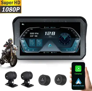 WiFi 1080P 5 Inch Portable GPS Navigation Waterproof Motorcycle Carplay/Android Auto Monitor DVR Camera Recording Wireless TPMS