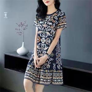 Nuovo Abito Estivo da Donna alla Moda con Stampa Floreale Etnica, Scollo a V, Maniche Corte, <span class=keywords><strong>Vestito</strong></span> Casual Ampio Taglia Unica per la Maggior Parte delle Ragazze - Product Image 1
