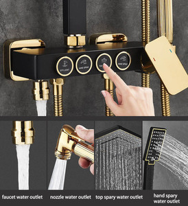 Set Doccia Termostatico Quadrato Nero e Oro per Bagno, Miscelatore Vasca, Rubinetto Caldo/Freddo, con Barra Scorrevole a Pioggia Soffice - Vendita all'Ingrosso - Product Image 3