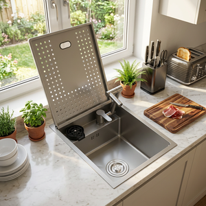 Fregadero de Cocina Integrado Oculto con Grifo Plegable — Acero Inoxidable SUS304 con Nano Recubrimiento PVD Plateado, Un Solo Tazón, Diseño que Ahorra Espacio - Product Image 1