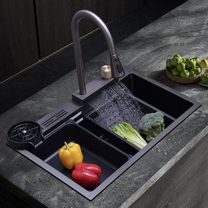 Évier de cuisine tout-en-un en acier inoxydable nano 304 avec robinet cascade et porte-couteaux intégré - Product Image 1