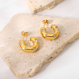 <span class=keywords><strong>Pendientes</strong></span> de Aro en Forma de Círculo de Acero Inoxidable Chapado en Oro de 18K, Joyería con Zirconia Brillante en Forma de CC para Mujer - Product Image 5