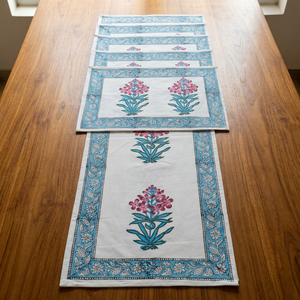 7 Pcs White & <b>Blue</b> Floral Handblock <b>Table</b> <b>Runner</b> + Mat Set | 100% Canvas Cotton Fabric Dining <b>Table</b> Decor <b>for</b> Wholesale - Product Image 3
