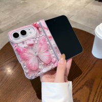 Étui de téléphone pliable luxueux avec paillettes, diamants, cœur d'amour, papillon, brillant pour iPhone 18Ultra, coque de protection transparente antichoc