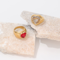 Bagues Cœur Massives Rétro Dorées avec Rubis et Grenats pour Femme, Bijoux en Acier Inoxydable, Bijoux Dorés Tendance